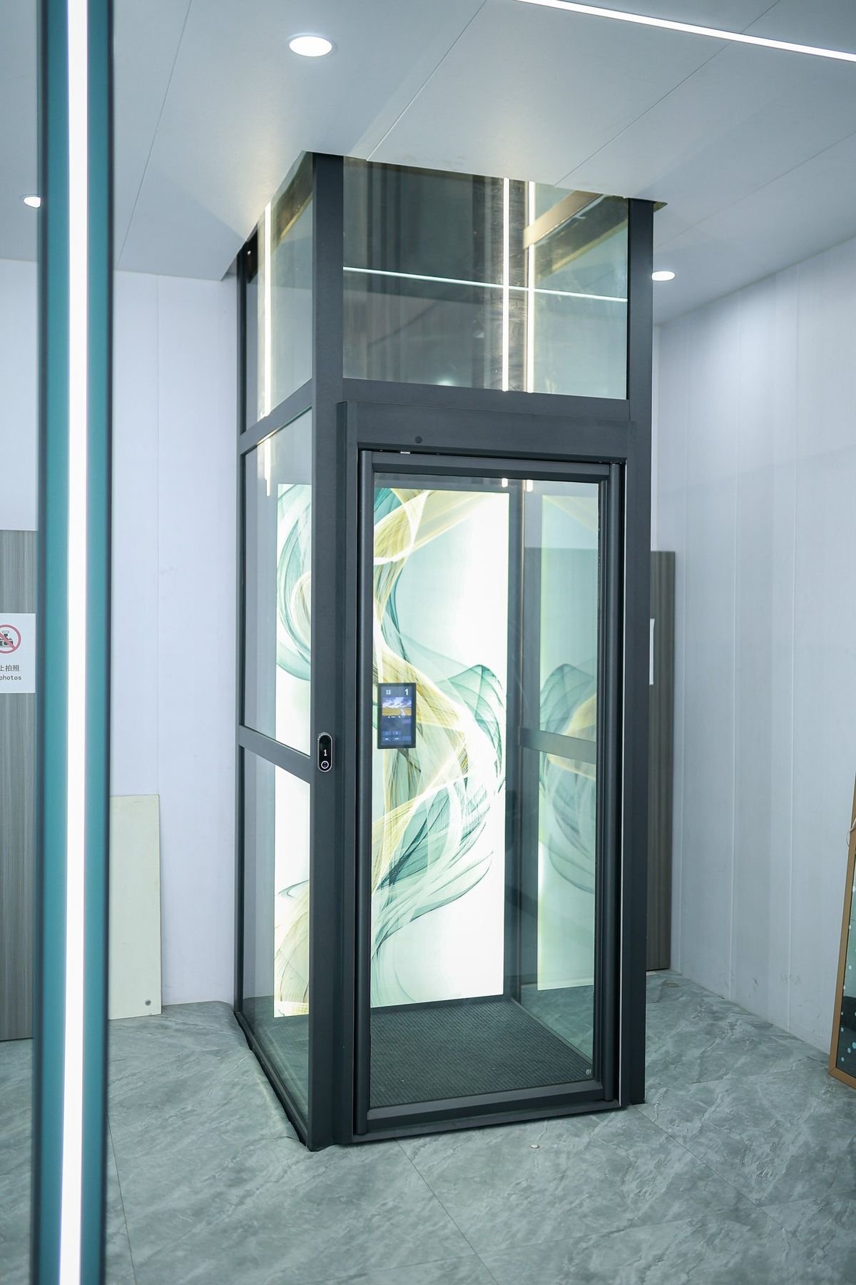Glass Levitex Signature home lift with a black frame and a custom artistic back panel.