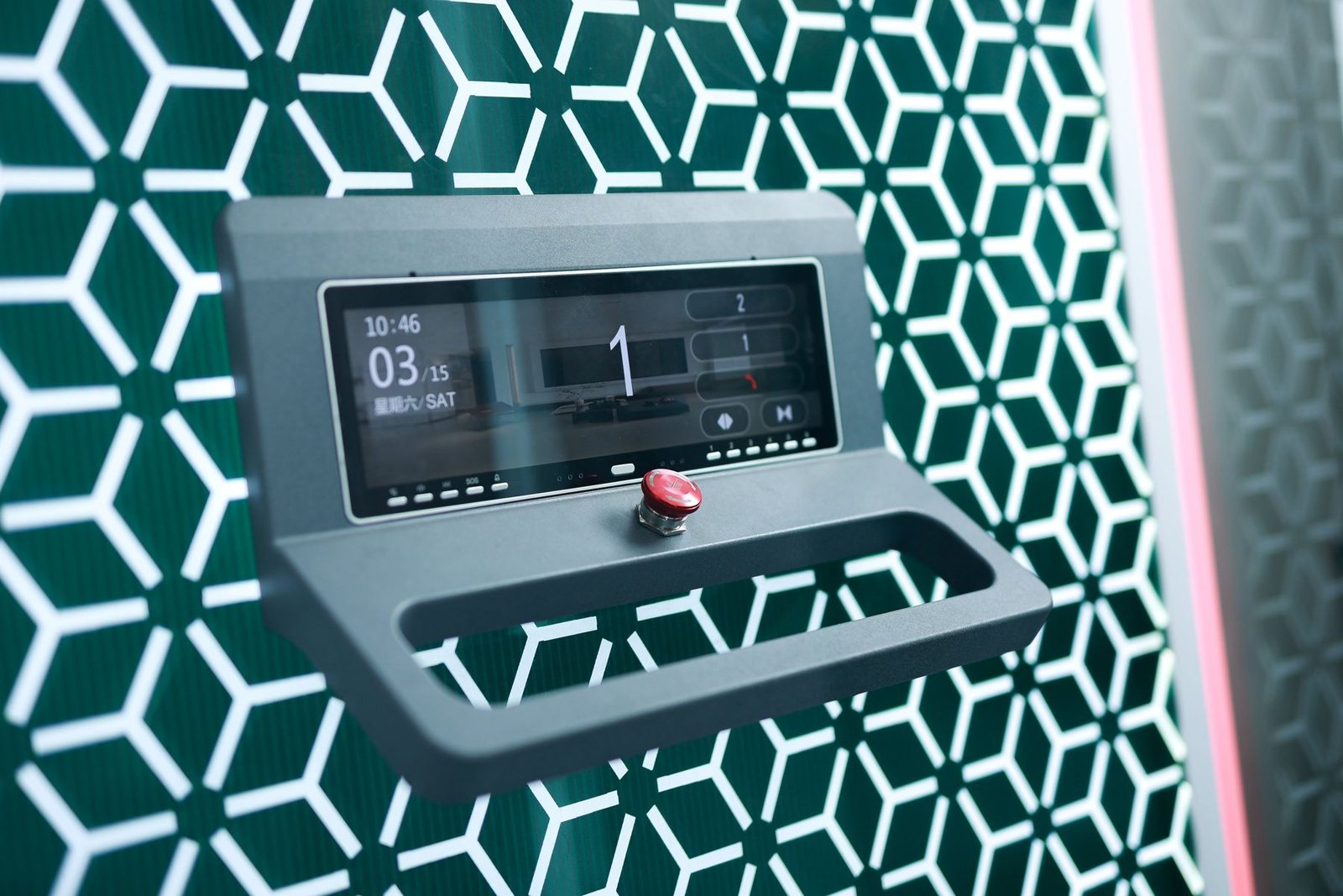 Levitex Pro car operating panel with a colour floor display and emergency button.