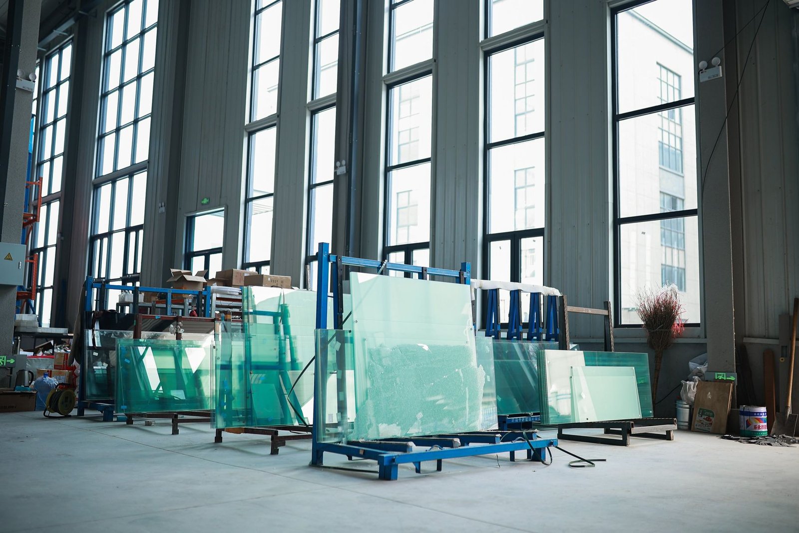 Glass panels for lift shafts stored at the Levitex factory.