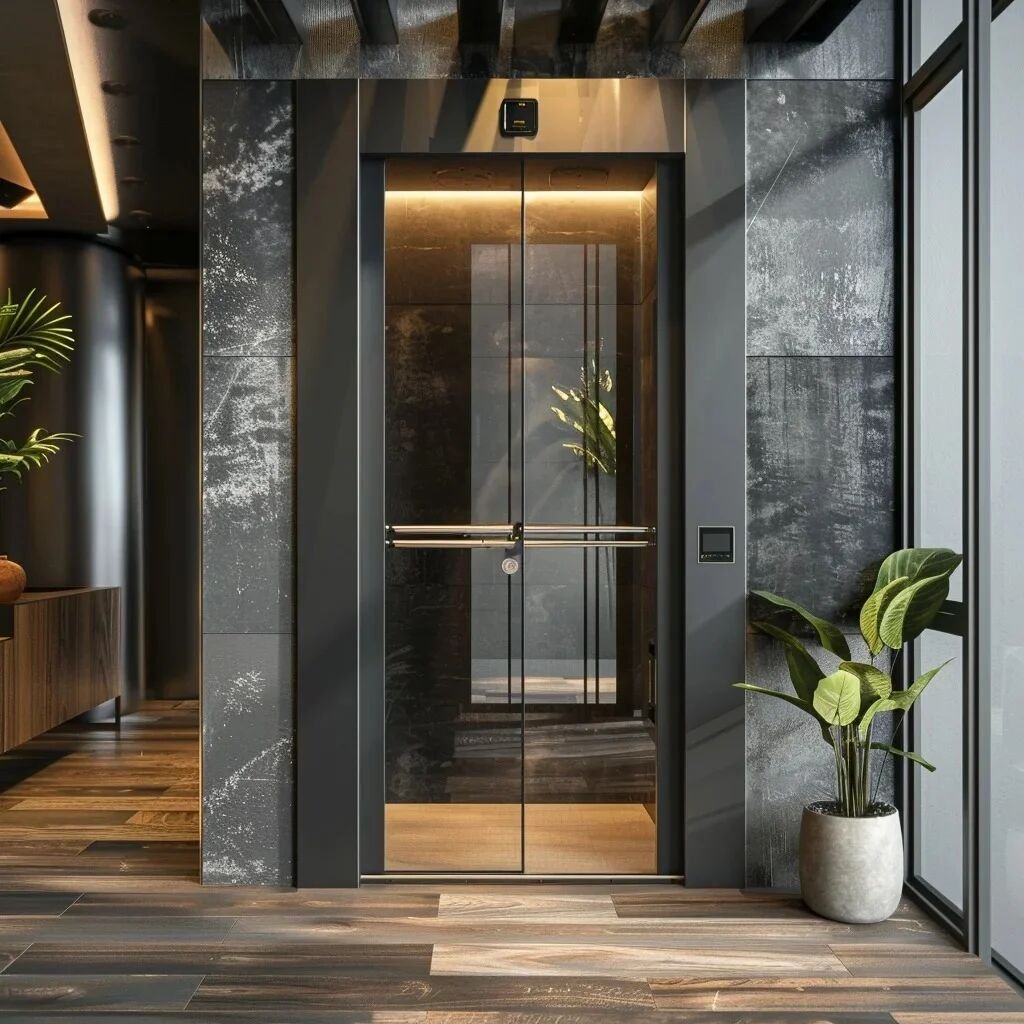 Levitex Max landing door set in a stone wall.