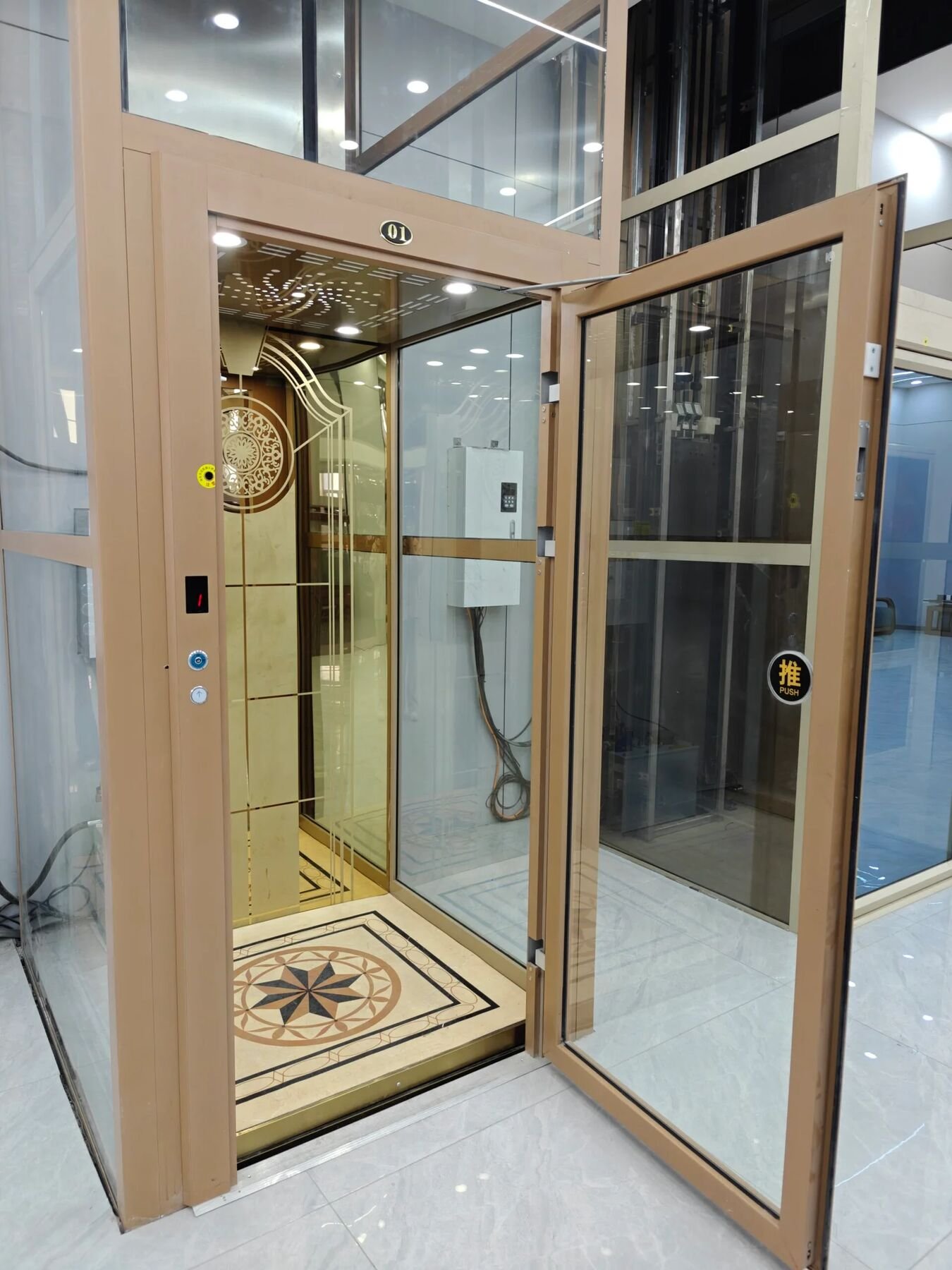 Levitex Plus hydraulic home lift with a champagne frame and its glass door open.