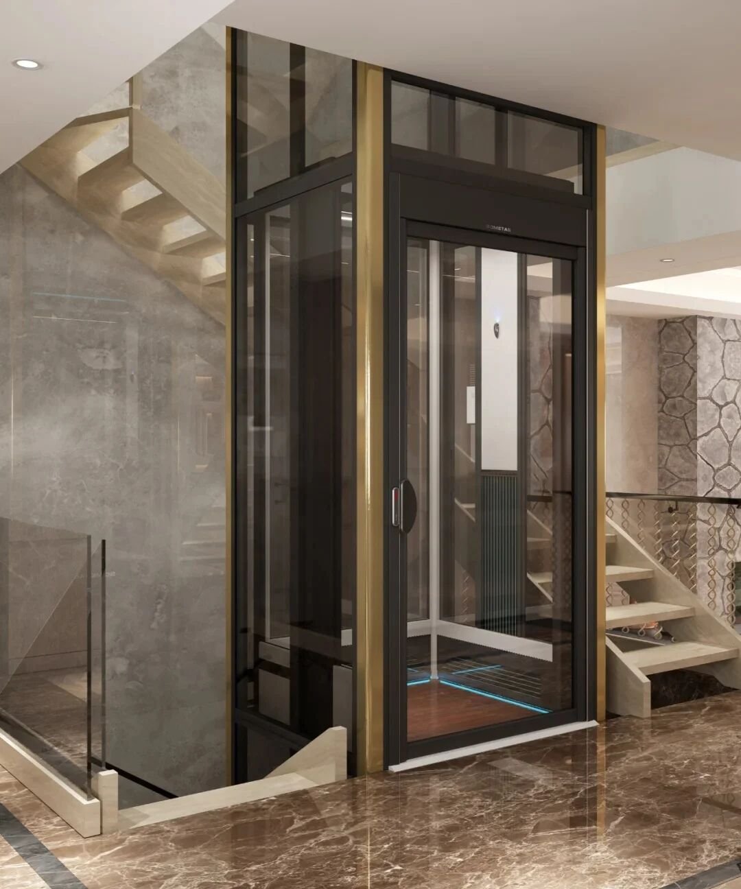 Levitex Plus with a black and gold frame beside a staircase.