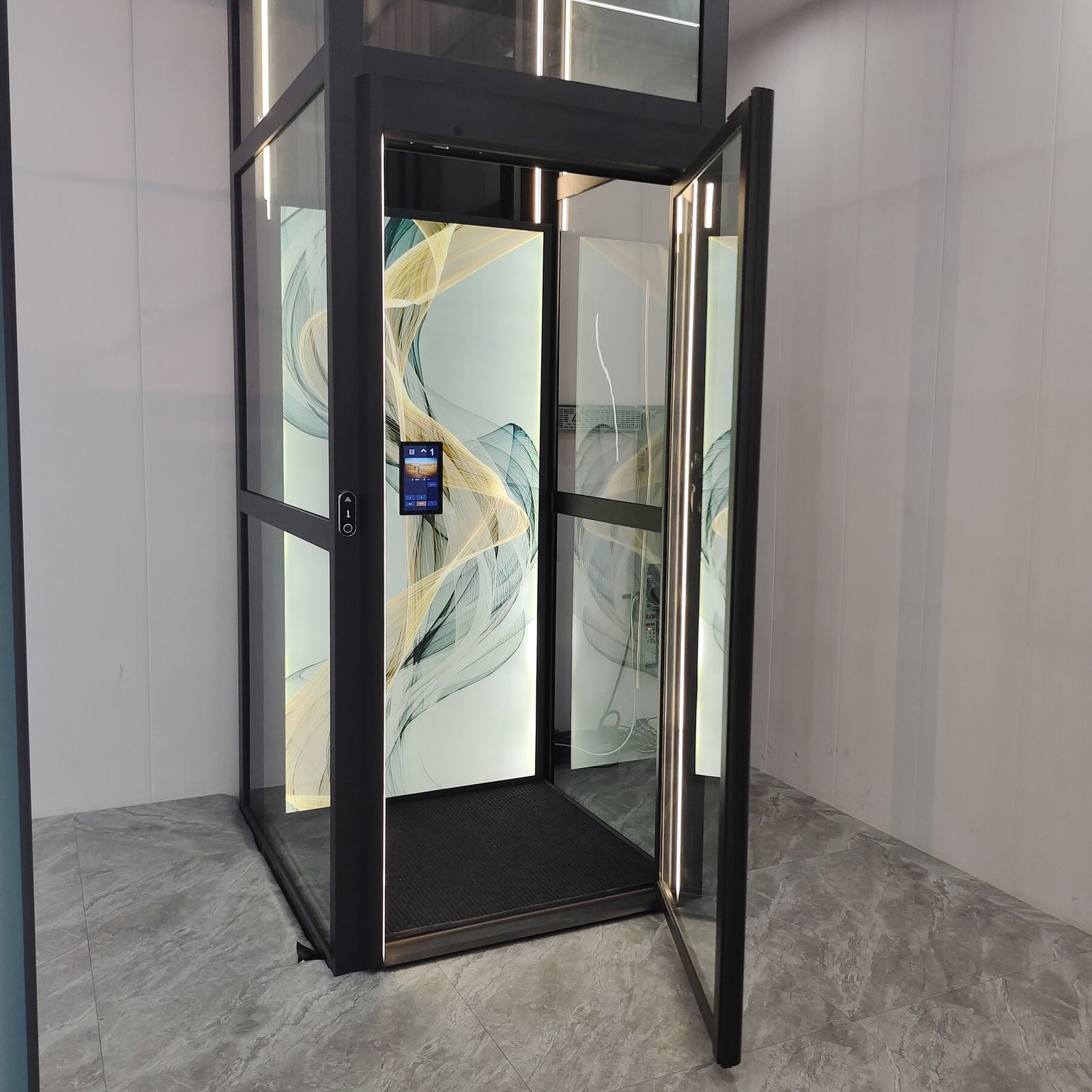 Levitex Pro installed in a home, with an artistic glass back panel and touch screen.